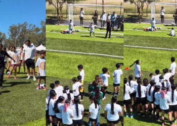 La Presidenta Sheinbaum convivió con menores de Mexicali la pasión del futbol