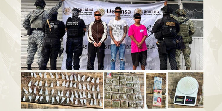 Asegura FGE inmueble, dosis de droga y detiene a tres personas en Santiago Momoxpan