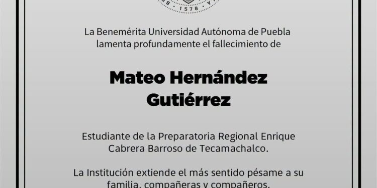 BUAP lamenta fallecimiento de estudiante de la Preparatoria Enrique Cabrera Barroso